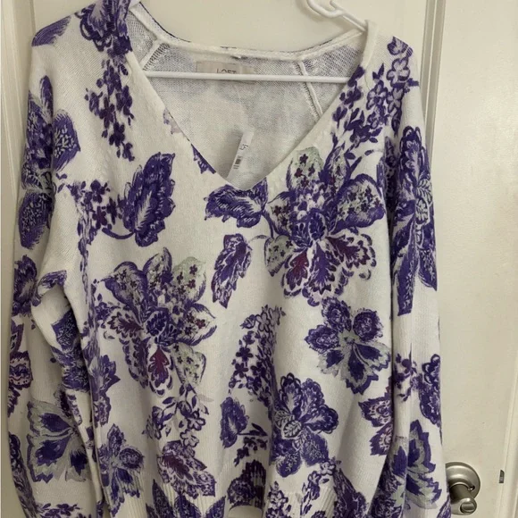 LOFT White and Purple Floral Knit Sweater - Picture 3 of 3